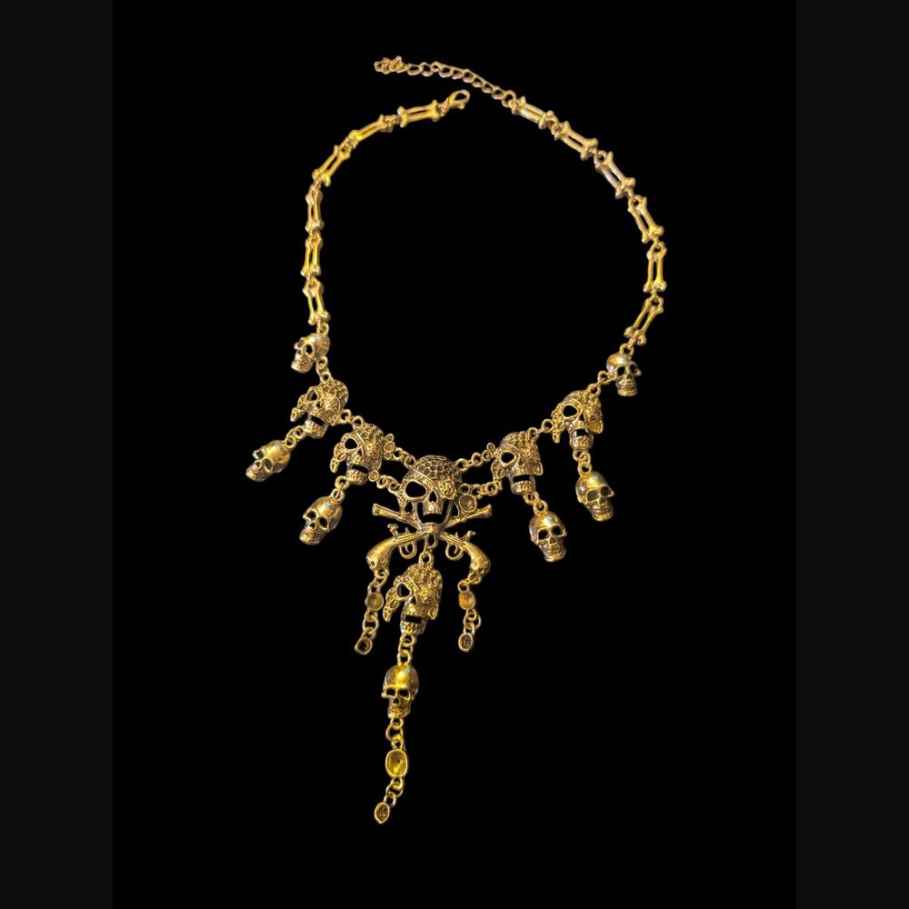 Pirate Themed Antique Gold Tone Skull and Bones Halloween 21" Collar Necklace